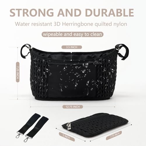 LUKJOJO Stroller Organizer - Stylish Quilting Nylon, Universal Fit, Detachable Bag, Adjustable Multi-Storage for Baby Stroller and Pet Stroller（Black-A