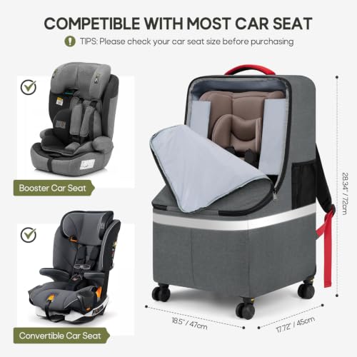 RAINSMORE Padded Car Seat Travel Bag for Airplane with Spinner Wheels, Heavy Duty Carseat Backpack for Air Travel Large Rolling Airport Gate Check Bags Fits Baby Car Seats & Boosters, Grey