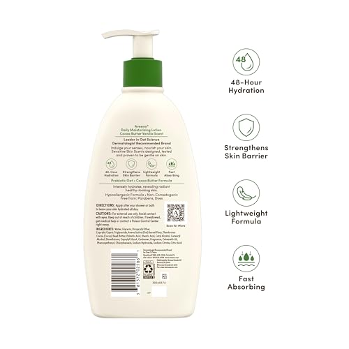 Aveeno Daily Moisturizing Lotion with A Cocoa Butter Vanilla Scent & Soothing Prebiotic Oat, Lightweight Lotion Provides 48-Hour Hydration for Sensitive Skin, Hypoallergenic, 18 fl. oz