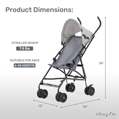 Dream On Me Aero Travel Umbrella Stroller, One-Hand Quick Fold, 3-Point Safety Harness, Dual Brakes, Adjustable Removable Canopy, Lightweight Compact & Space-Saving, for 6 to 36 Months – Grey