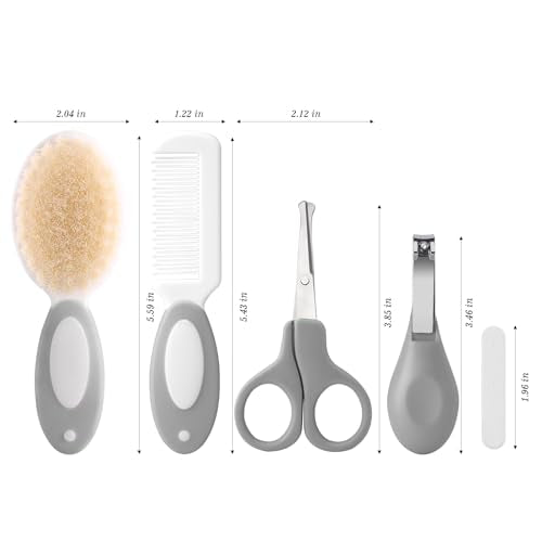 Baby Grooming Kit with Storage Pouch Baby Brush Soft Bristles 5 pcs-Infant Brush, Rounded Comb, Safety Scissors, Nail Clippers & Emery Board -Health Care Kit for Newborns & Toddlers Gray