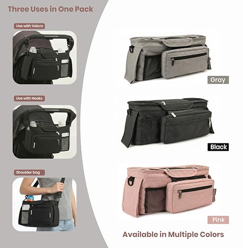 Kovire Black Universal Stroller Organizer with 2 Insulated Cup Holders, 3-in-1 Stroller Caddy with Detachable Phone Bag & Non-Slip Shoulder Strap, Fits Uppababy, Nuna, Doona, Baby Essentials