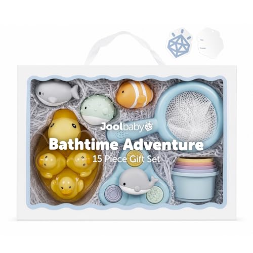 Jool Baby 15-Piece Bathtub Toys Gift Set – Bath Squirts, Rubber Ducks, Whale Fidget Spinner Toy – Bath Toy Storage Organizer Included