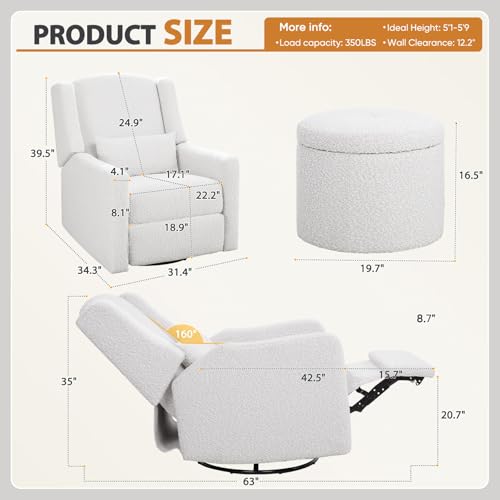 SENYUN Power Recliner Chair Swivel Glider, Large Rocker Recliner w/USB Charging Port, Boucle Upholstered Swivel Rocker Glider Recliner for Nursery,Bedroom,Living Room, 1PC, Cream