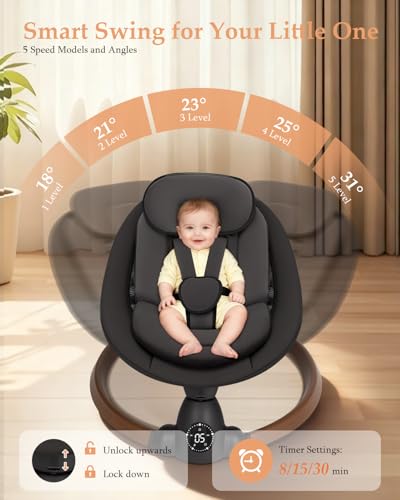 Baby Swing for Infants, Electric Baby Swing with Bluetooth, Portable Infant Swing with 5 Speeds, 10 Songs, 5-Point Harness & Remote Control, for Newborns Infants Indoor Outdoor Use (Black)