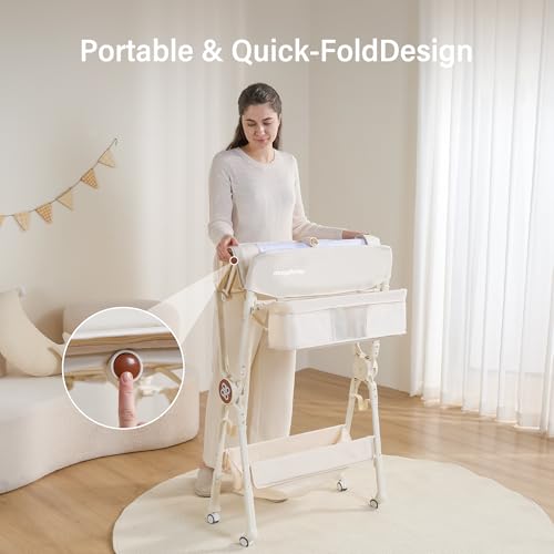 Maydolly Changing Table，Portable Diaper Changing Station, Foldable Baby Changing Table,Compact Nursery Diaper Changing Table for Baby，Adjustable Height，Mobile on Wheels (Beige)