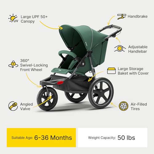 BabyVista Jogging Stroller, All-Terrain Frame, 12"/16" Inflatable Tires with Angled Valve, Disc Hand Brake & Foot Brake, Adjustable Handlebar, Foldable Jogger Stroller for Babies & Toddlers, Green