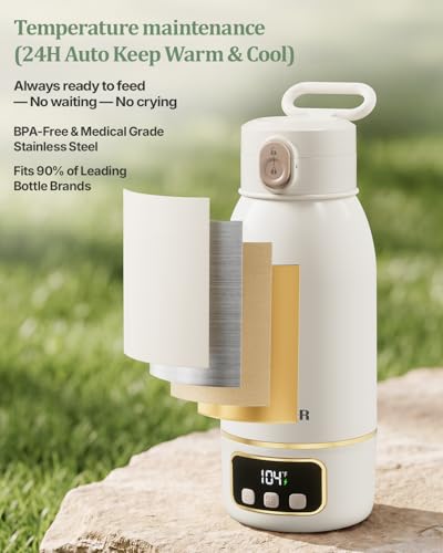Portable Bottle Warmer for Travel, Fast Baby Bottle Warmer On the Go with Precise Temp Control, 17 OZ Milk Warmer, Leak-Proof Cordless Breastmilk Warmer, Fits Most Bottles, Ideal Newborn Baby Gift