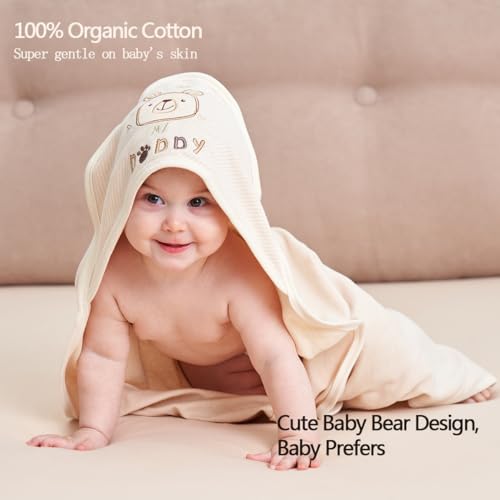 Smluckyg 6 Pack Organic Cotton Baby Bath Set, Ultra Soft Embroidered Hooded Towel and 5 Washcloths, Premium Gentle Newborn, Toddlers Gift for Sensitive Skin, Brown 30 x 30 Inch