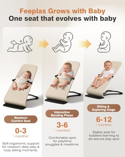 Feeplas Baby Bouncer, Bouncer Seat for Babies 0-12 Months, Ergonomic Rocking Chair with Detachable Hanging Bar, 3-Height Adjustments, Foldable & Portable Infant Rocker, Machine Washable Fabric, Beige