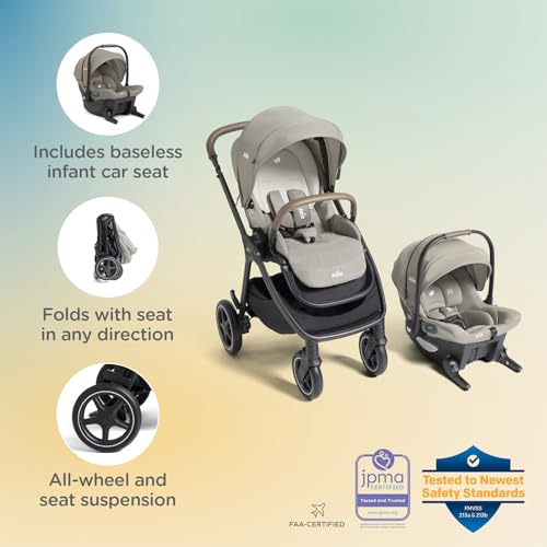 Joie Baby, Kava 3-in-1 Stroller and Mint Latch Car Seat Travel System with Reversible Seat, All-Wheel Suspension, and Flex in-Seat Comfort (Dove)