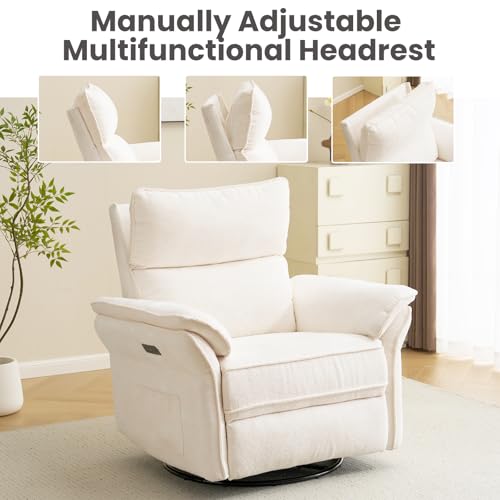 RUTOX Oversized Rocking Chair Nursery with Massage and Heat, Glider Recliner Nursery Chair with Adjustable Headrest, Power Swivel Rocker Recliner Chair with USB Port, White