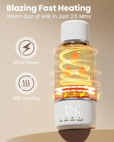 Portable Bottle Warmer for Travel, 2.5 Min Fast Heating for Breast Milk and Formula, Portable Milk Warmer with 10400mAh Long Battery, 17oz Large Capacity, Fast Charging Baby Bottle Warmer