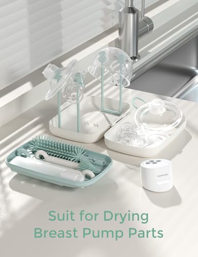 Momcozy Bottle Brush Set - Baby Bottle Cleaner Kit with Silicone Brush, Nipple Brush, Straw Brush, Soap Dispenser, Drying Rack - 7 in 1 Bottle Cleaning Tool for Home and Travel, Green