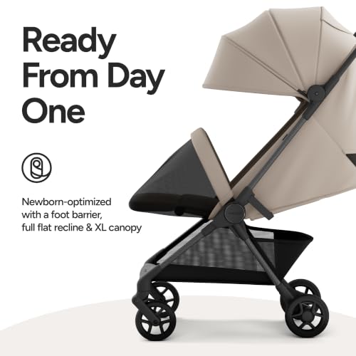 Mompush Nexis Carbon Travel Stroller, Ultra-Lightweight 11.5 lbs, Compact & Airplane Carry-On Approved, One-Second Auto-Fold, One-Hand Full Recline, from Birth to 50 lbs, JPMA Certified, Khaki