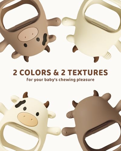 ChooKaChoo 2 Pack Baby Teething Toy for Over 3 Months, Food Grade Silicone Teething Mitten, Anti Dropping Wrist Hand Teethers Baby Chew Toys for Sucking Needs, BPA Free (MooMoo Cow)