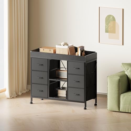 Yetom Changing Table, 6-Drawer Baby Dresser with Changing Table top,Waterproof Diaper Changing Station & Pad, 2 Height-Adjustable Open Storage Shelves, Mobile Nursery Organizer, Black