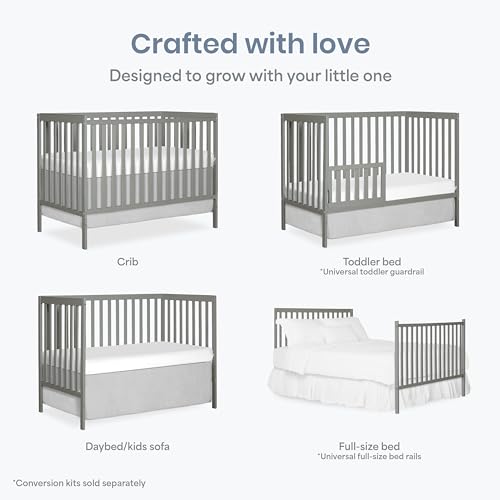 Dream On Me Synergy 5-in-1 Convertible Full-Size Baby Crib with Toddler, Day & Full Bed Conversion in Cool Grey, GreenGuard Gold & BSA, 3 Mattress Heights, Sustainable Pinewood