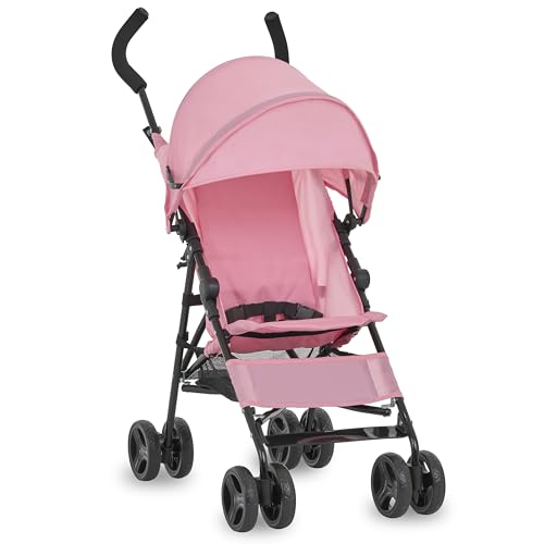 Dream On Me Rover Convenience Baby Stroller – Lightweight & Compact Travel Umbrella Stroller, Quick One-Hand Fold, Lockable Rear Wheels, Adjustable Canopy, 3-Point Safety Harness & Cup Holder - Pink