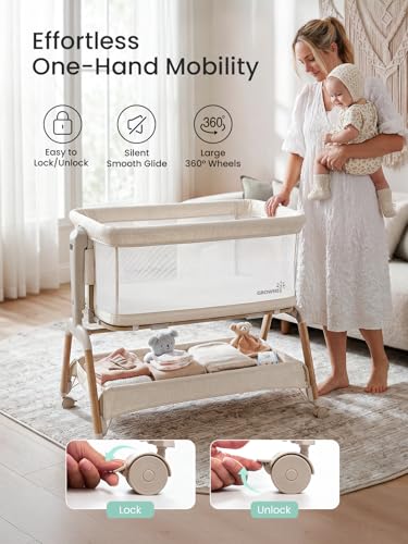 GROWNSY 5-in-1 Baby Bassinet Bedside Sleeper with Gentle Rocking Mode, 6 Adjustable Heights, Full Breathable Mesh, Convertible to Portable Crib, Bassinets with Mattress & Wheels, Beige