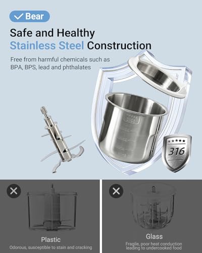 Bear NutriEase AllStage Stainless Steel Baby Food Maker Steamer and Blender, Truly OneStep Baby Food Processor Puree Maker Grinder Mills, Auto Cooking&Grinding for Healthy Homemade Baby Food, BPA-Free