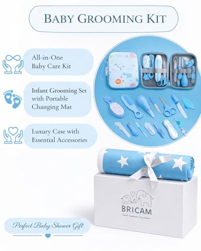 BRICAM Baby Grooming Kit - Newborn Essentials & Care Kit with Changing Mat, Brush, Comb, Clippers & Travel Case (Blue)