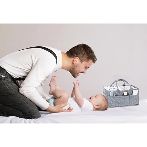 Sammy & Lou Diaper Caddy Organizer - Collapsible Tote Bag with Handles - Organizer for Diapers, Wipes & Baby Changing Supplies - Felt Storage Organizing Bin for Car, Desk, Nursery (Herringbone)