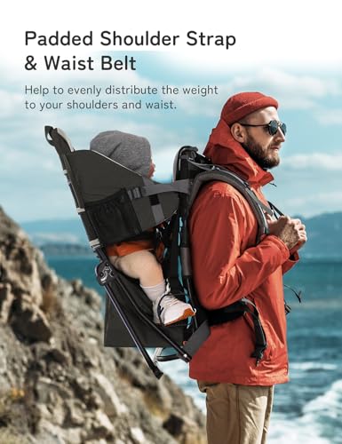 besrey Baby Backpack Carrier, Toddler Hiking Backpack with Safety 3-Height Seat, Adjustable Straps&Waist Belt, Foldable Frame Lightweight Large Capacity Child Carrier for Hiking (Black)