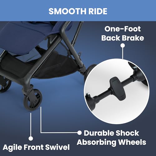 Delta Children Icon Ultra Compact Lightweight Everyday & Travel Stroller - One-Hand Fold - Only 15.6 Pounds - Fits in Overhead Compartments - Greenguard Gold Certified - Multi-Position Recline, Navy