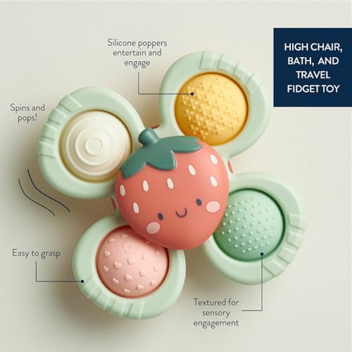Itzy Ritzy Pop & Whirl – Fidget Spinner Travel & Bath Toy for Babies & Toddlers – Fidget w/Textured Silicone Popper to Develop Fine Motor Skills –Sticks to Highchairs, Tables, Tubs, More (Strawberry)