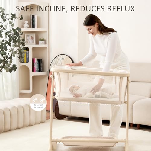ANGELBLISS Electric Baby Bassinet Bedside Sleeper with Auto Rocking, Remote/Touch Control, 3 Timer Modes, 12 Sounds, 6 Heights, Storage & Wheels (Beige)