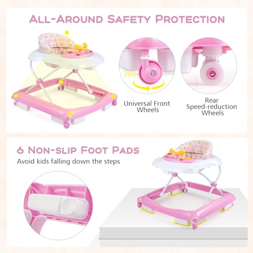 BABY JOY Baby Walker, 4 in 1 Foldable Activity Walker with Adjustable Height, Music, Lights, Anti-Rollover Toddler Push Walker, Baby Walker with Wheels for Boys Girls 7-14 Months (Pink)