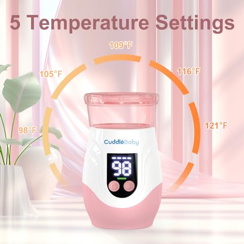 CuddleeBaby Portable Bottle Warmer for Travel, Cordless Baby Bottle Warmer, Rechargeable, 8 Adapters, 1 Milk Powder Container, Compatible with Most Bottle, Fast Heating, Pink