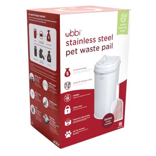 Ubbi Pet Waste Pail, Odor-Locking Cat Litter Disposal System, Stainless Steel Pet Waste Can with Safety Lock & Scoop, No Special Bags Required, White