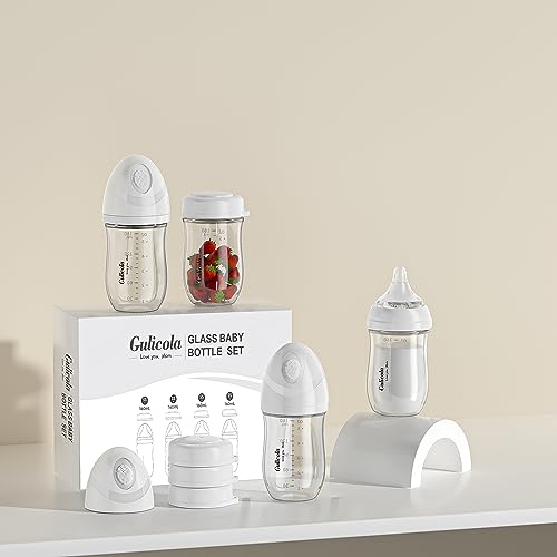 Gulicola Natural Glass Baby Bottle 4 Pack, Newborn Breastfeeding Bottles Set, Extra Slow Flow Nipples (SS), Anti Colic, 0 Months+, 5 oz - White
