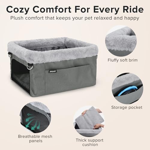 JOEJOY Deluxe Dog Booster Seat with Sturdy Metal Frame and Safety Leash for Small Pets up to 20 lbs - Portable Puppy Dog Car Seat with Thick Cushion and Storage Pockets for Small Dogs