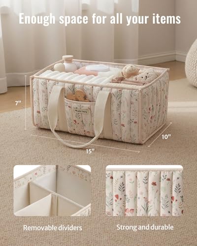 Blissful Diary Floral Diaper Caddy Organizer, Stylish Nursery Storage Basket, Gift for Baby Shower, Newborn Essentials, Floral Beige