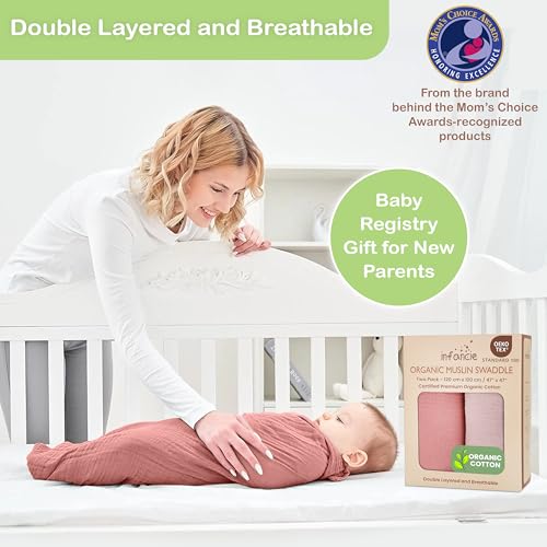 infancie Organic Muslin Baby Blanket 2-Pack Rose & Peach, 47x47 Inch 100% Organic Cotton Oeko-TEX Certified Hypoallergenic Swaddle Blanket for Newborn Girls, Elegant Baby Girl Shower Gift