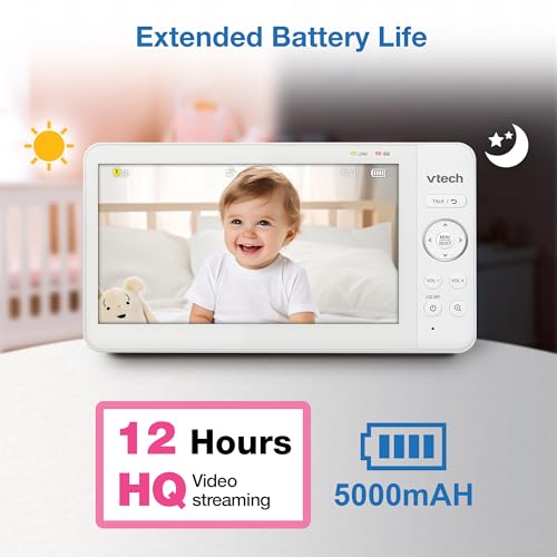 VTech Baby Monitor No WiFi with 7" IPS Screen & Remote Pan Tilt Zoom – 5000mAh 12Hr Video Battery, 1000ft Range, Night Vision, Multi-Color Night Light, Two-Way Talk | Advanced HQ Max
