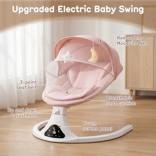 RIVIPLOU Electric Baby Swing with Remote Control - 5 Natural Motion Speeds, Detachable Seat Pad, Bluetooth Technology & Music, Portable Infant Swing for Indoor/Outdoor Use (0-12M, 20lbs, Pink)