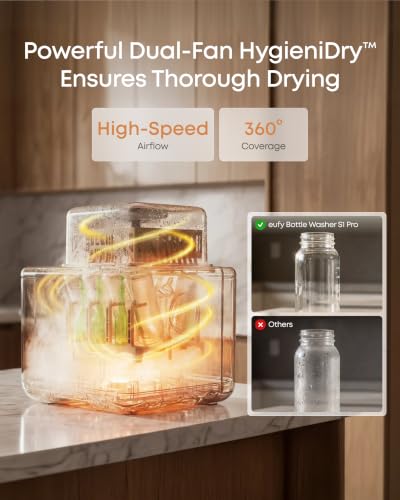 eufy Security S1 Pro Baby Bottle Washer, Sterilizer and Dryer, Built-in Water Softener, Largest 10-Bottle Capacity, 3D HydroBlast Cleaning, 212°F Steam Sterilizer, Fast Drying, Smart App Control