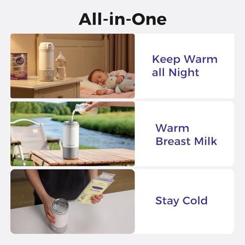 WONDBORN Portable Bottle Warmer for Travel, Dishwasher Safe, 3X Faster & Even Heating, 8 Feeds per Charge, 17oz, 1℉ Precise Adjust, Thaw, Keep Warm, Use While Charging, for Breastmilk & Formula