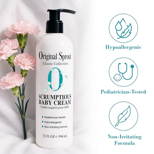 Original Sprout Scrumptious Baby Cream for Sensitive Skin & Diaper Rash, Gentle Non-Greasy Baby Lotion with Zinc Oxide & Calendula, Moisturizing Face & Body Cream, 32 fl oz