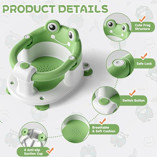 Baby Bath Seat for Babies 6 Months & Up - Toddler Bath Seats for Baby Sitting Up with 4 Suction Cups & Soft Cushion, Non-Slip Infants Shower Bathtub Chair for Newborn Boys Girls, Green