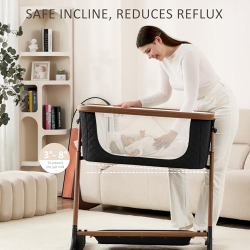 ANGELBLISS Electric Baby Bassinet Bedside Sleeper with Auto Rocking, Remote/Touch Control, 3 Timer Modes, 12 Sounds, 6 Heights, Storage & Wheels (Black)
