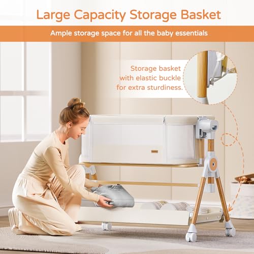3 in 1 Baby Bassinet,Bedside/Rocking Bassinet for Baby,Bedside Crib with lockable Wheels,Waterproof Mattress,Adjustable 6 Heights,Portable Bassinets Bedside Sleeper for Newborn Infant-Beige
