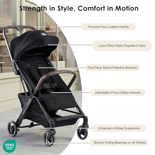 LullaRide Lightweight Travel Stroller, One-Hand Fold Airplane Carry-On, Compact Baby & Toddler Stroller with Cup & Phone Holder, 6.6 lbs Capacity Basket, Adjustable Reclining Backrest, Black