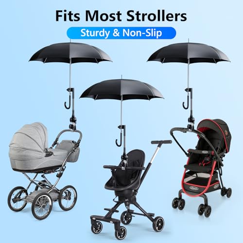 Umbrella Holder for Stroller Chair, 360° Adjustable Clip On Umbrella Attachment, Universal Umbrella Clamp Mount for Golf Cart, Wheelchair, Beach Chair, Camping Chair Outdoor Auto Scooter