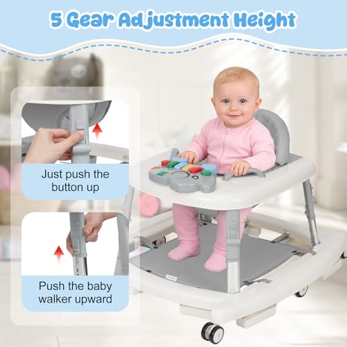 Tickeagle 5-in-1 Baby Walker for Boys and Girls Music and Lights 6-18 Month, Foldable Baby Walkers with 5 Adjustable Heights, Infant Toddler Walker with Wheels and Bouncer Combo Portable (White)