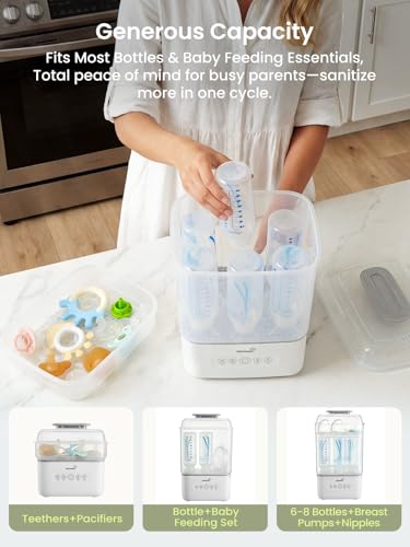 Grownsy Bottle Sterilizer and Dryer, 6 Bottles Capacity, Space Saving Nesting Design Bottle Sanitizer Esterilizador de Biberones for All Size Bottles & Breast Pump Accessories, Travel Set Included